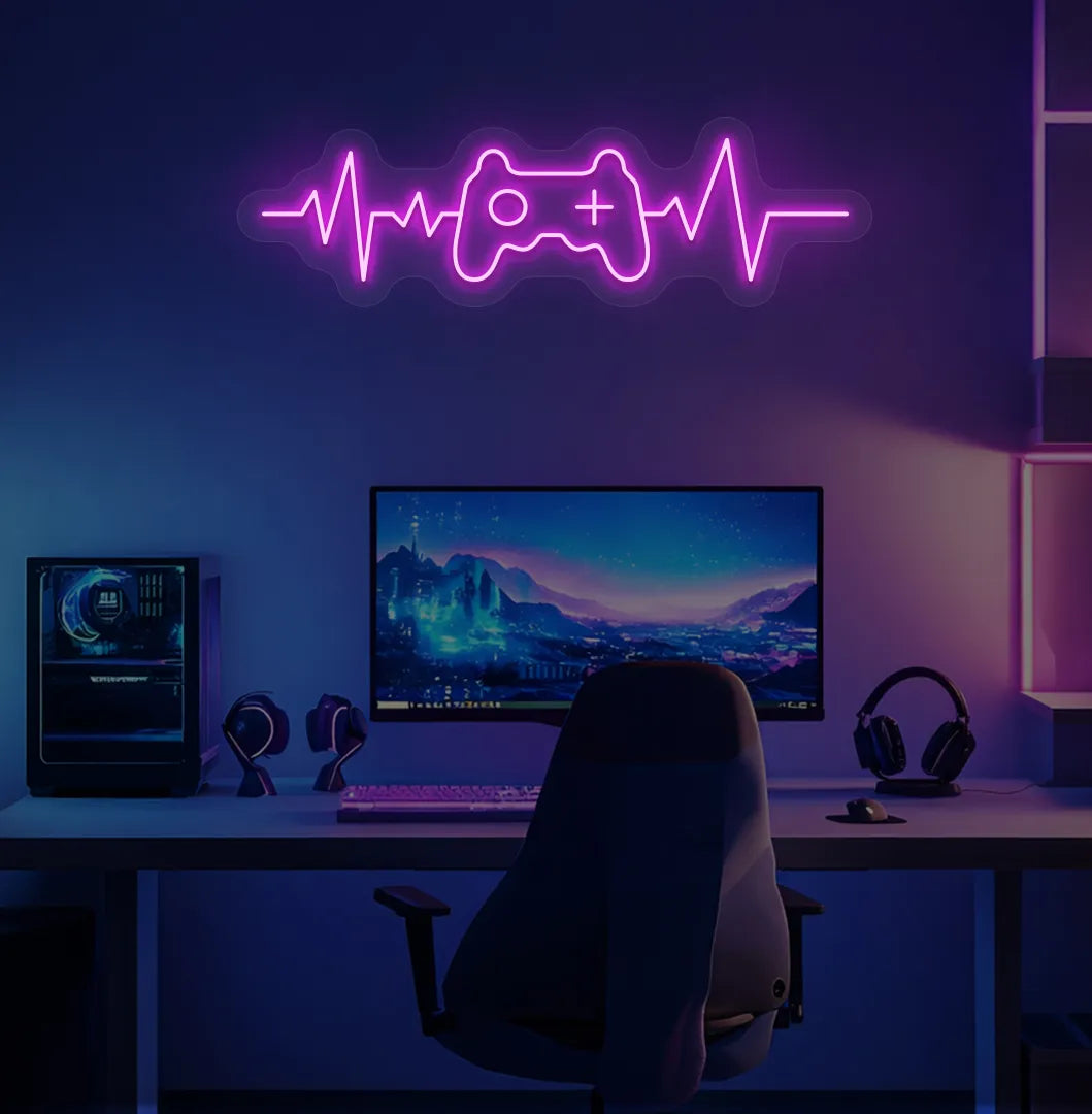 Image of a gaming controller with heartbeat pink neon sign mounted on gamer room wall.