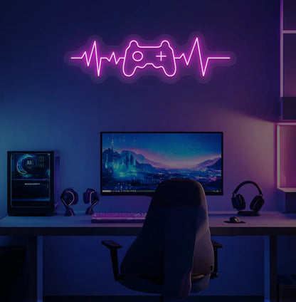 Purple controller with heartbeat LED neon sign for esports room decor