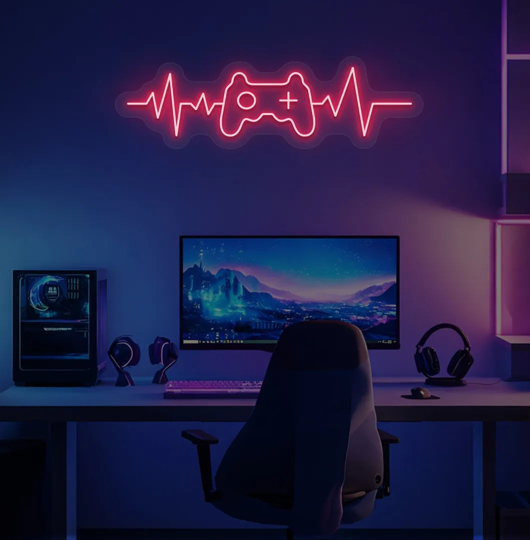 Image of a gaming controller with heartbeat red neon sign mounted on gamer room wall.