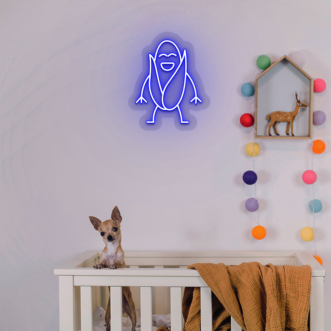 Kids room wall with Blue LED corn neon sign and cute dog below. Perfect for play areas, nursery.