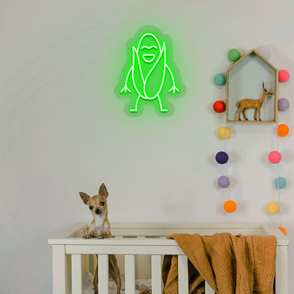 A stylish green LED corn neon sign is hanging on the kid's room wall.