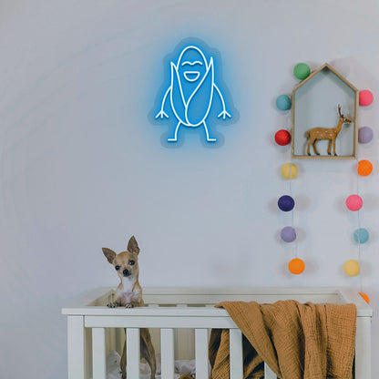 Image of a corn neon sign glowing on a kid's room wall in ice blue color above a cute dog.