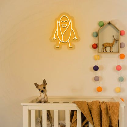 Kids room wall with orange LED corn neon sign and cute dog below. Perfect for play areas, nursery.