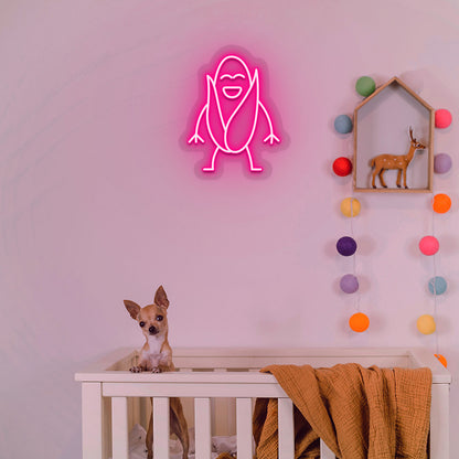 Image of a corn neon sign glowing on a kid's room wall in pink color above a cute dog.