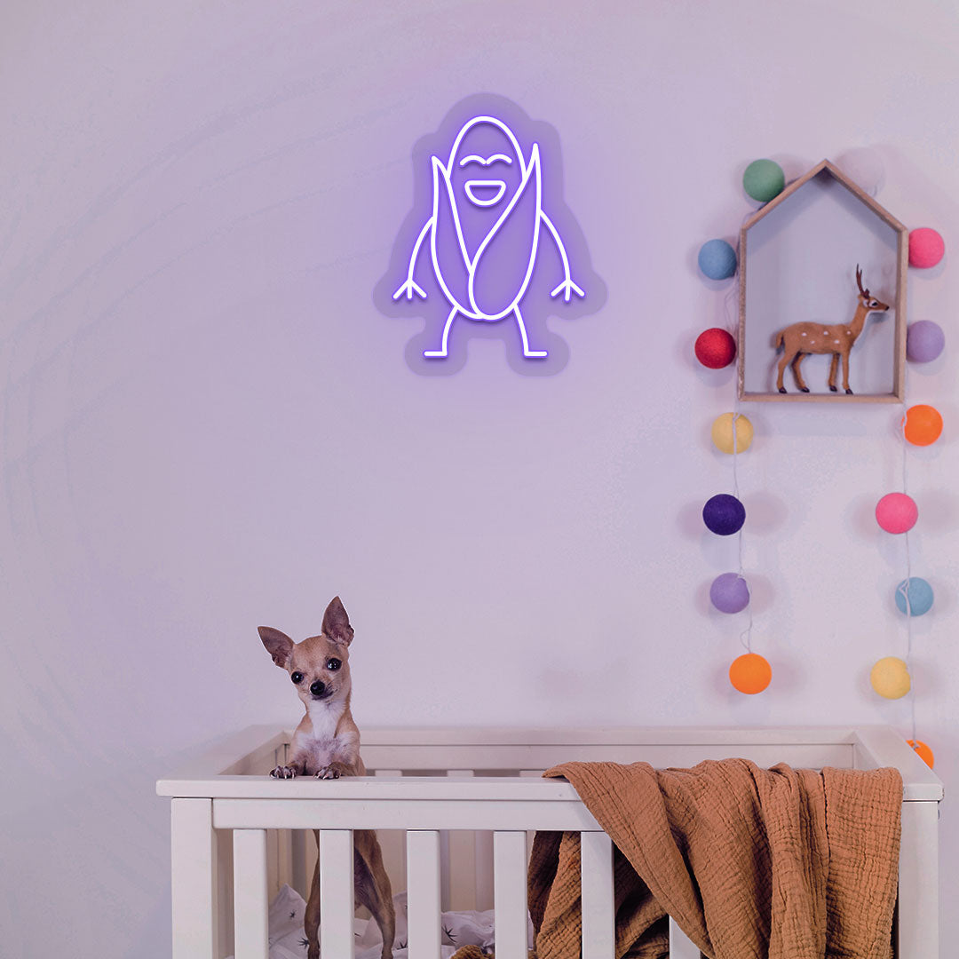Kids room wall with purple LED corn neon sign and cute dog below. Perfect for play areas, nursery.