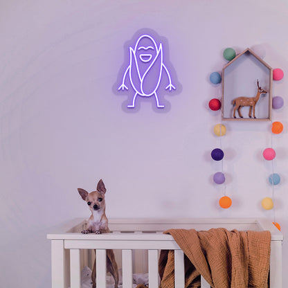 Kids room wall with purple LED corn neon sign and cute dog below. Perfect for play areas, nursery.