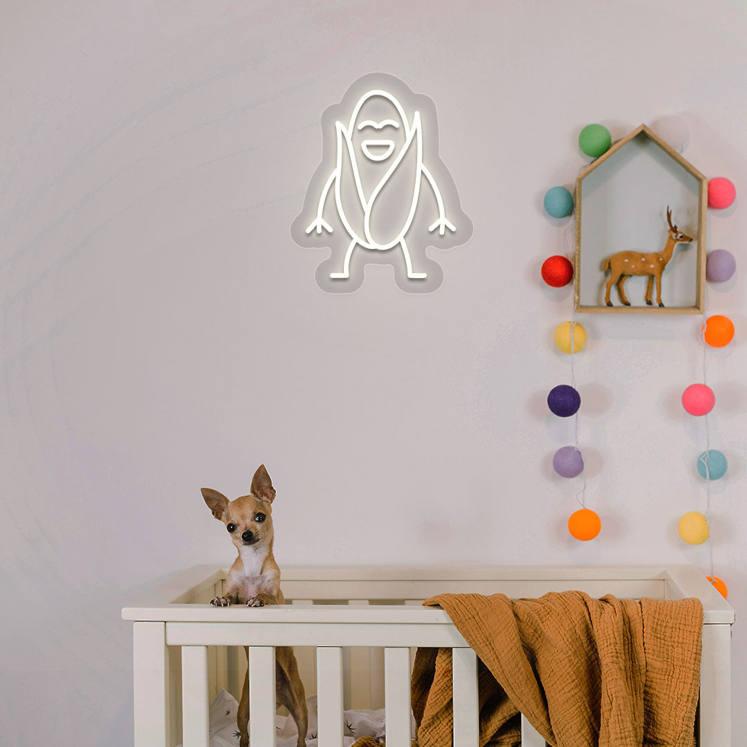 A stylish warm white LED corn neon sign is hanging on the kid's room wall.