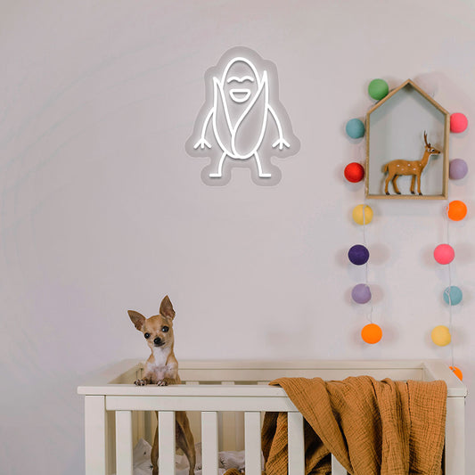 Image of a corn neon sign glowing on a kid's room wall in white color above a cute dog.