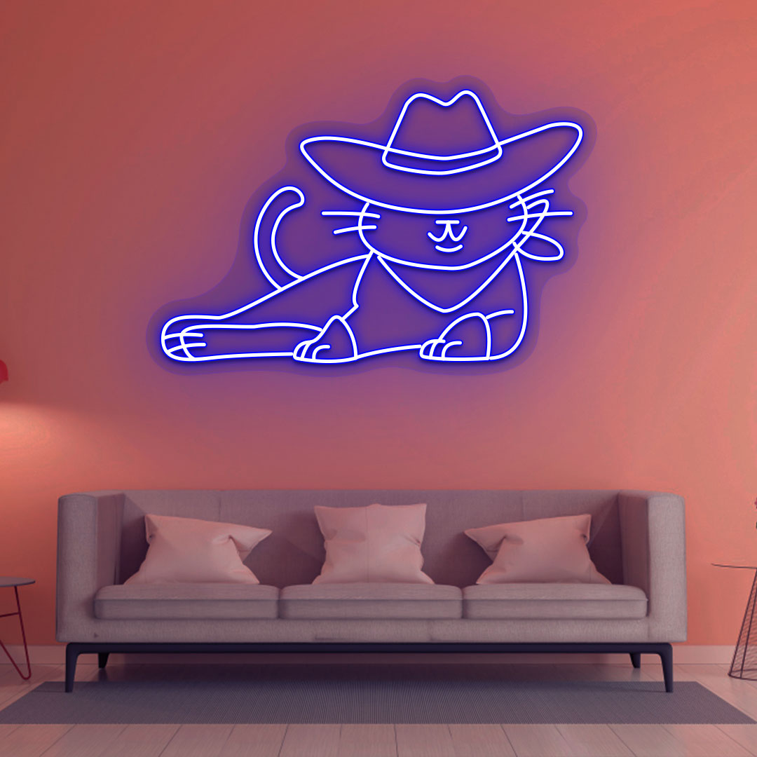A stylish cowboy cat neon sign is glowing on the drawing room wall in blue.