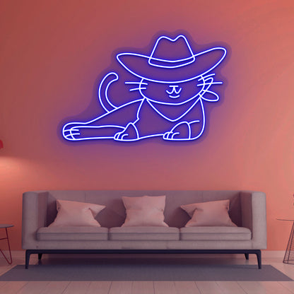 A stylish cowboy cat neon sign is glowing on the drawing room wall in blue.