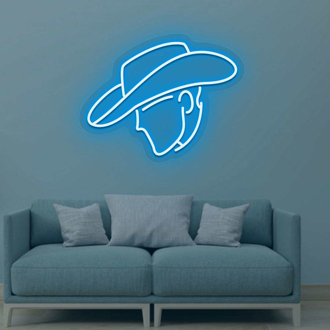 Stylish cowboy face ice blue LED neon sign glowing on the wall. Perfect for living rooms, western-themed interiors, bars, lounges, and man caves.