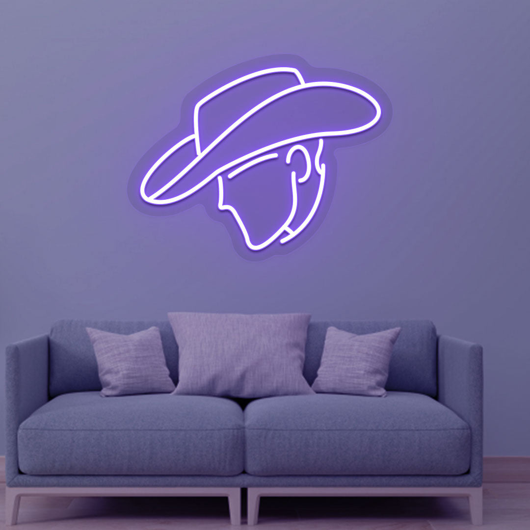 Stylish cowboy face purple LED neon sign glowing on the wall. Perfect for living rooms, western-themed interiors, bars, lounges, and man caves.