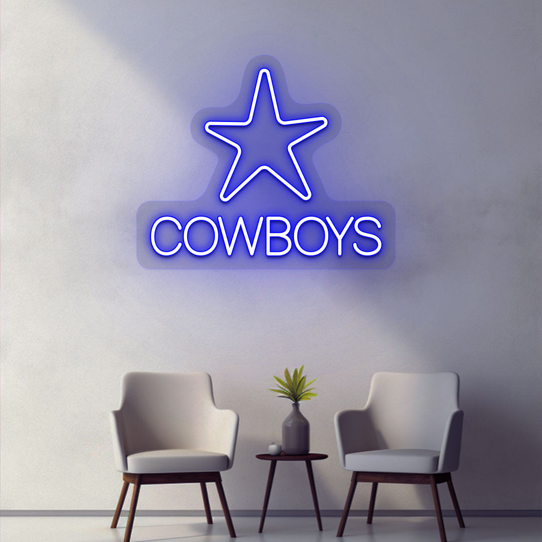 Image of a cowboy's LED neon sign with a star glowing on a room wall in blue.