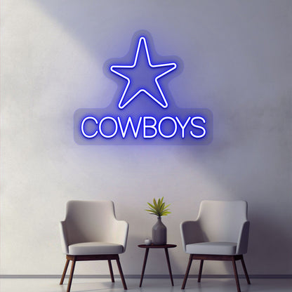 Image of a cowboy's LED neon sign with a star glowing on a room wall in blue.