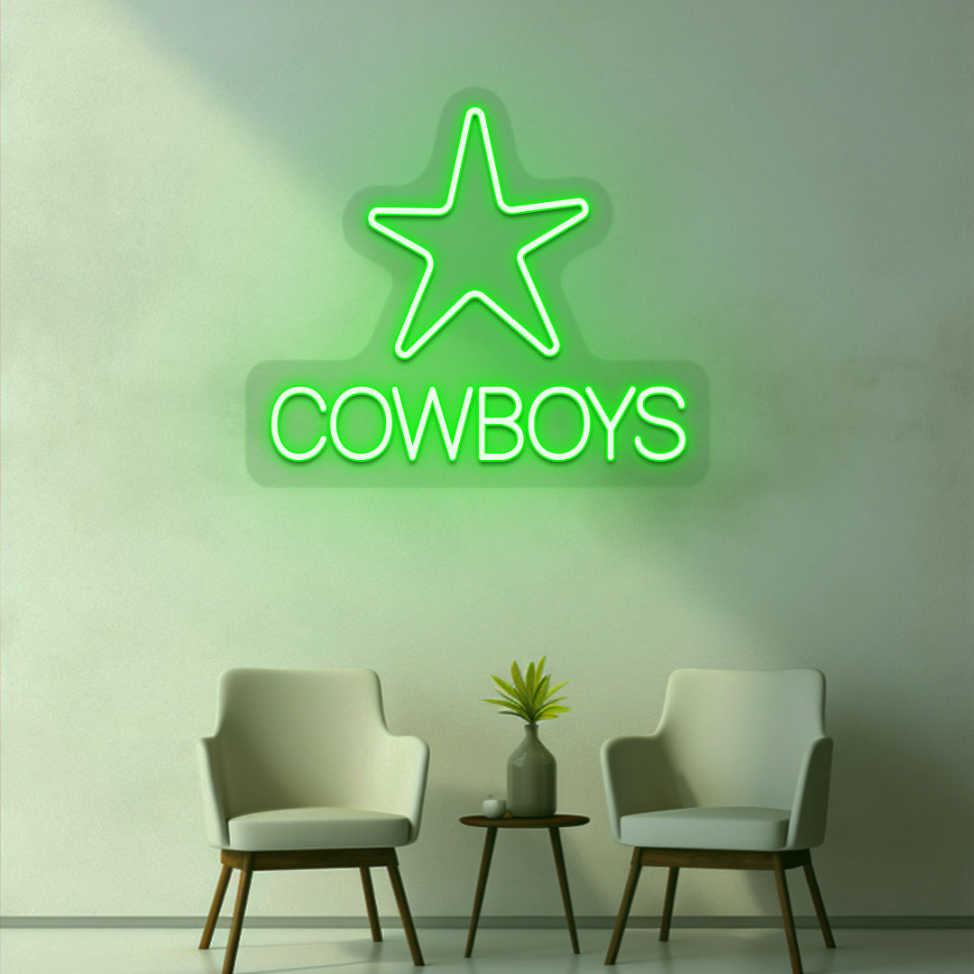 Green LED cowboy's neon sign with a star on the room wall. Perfect for rooms, bedroom wall décor, western-themed interiors, and man caves.