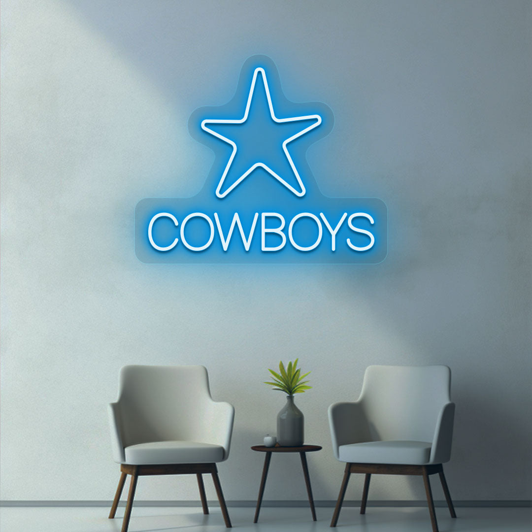 Ice blue LED cowboy's neon sign with a star on the room wall. Perfect for rooms, bedroom wall décor, western-themed interiors, and man caves. 