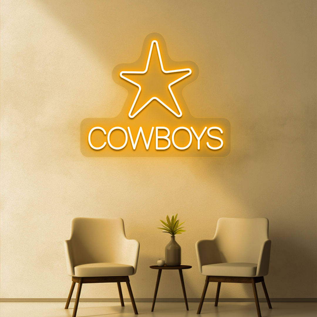 A stylish orange LED cowboy's neon sign with a star hanging on the wall.
