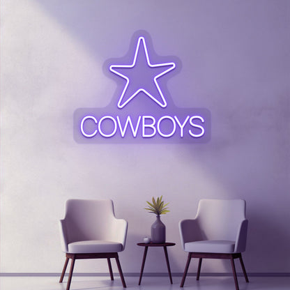 A stylish purple LED cowboy's neon sign with a star hanging on the wall.