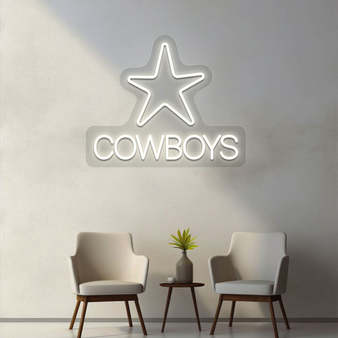 A stylish warm white LED cowboy's neon sign with a star hanging on the wall.