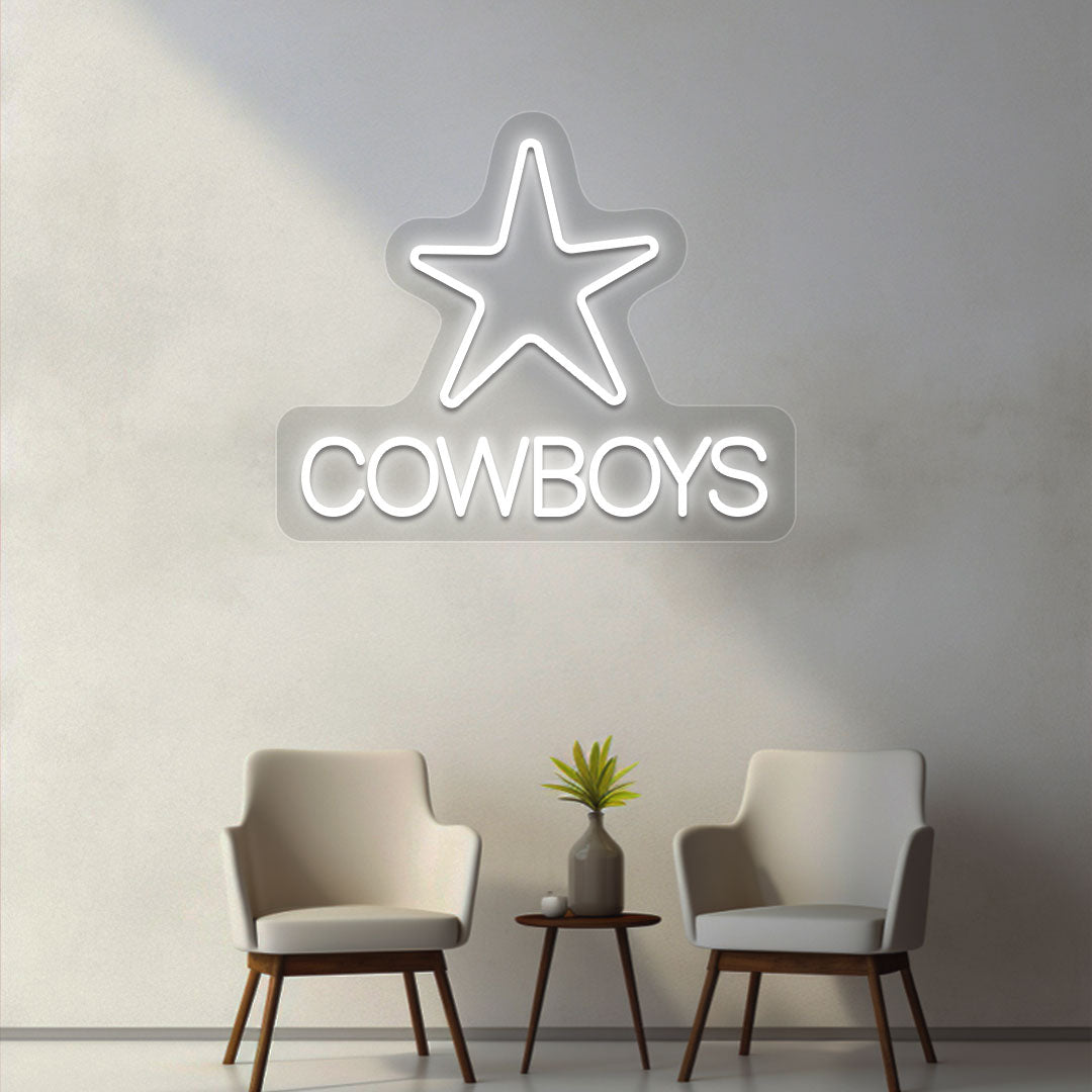 Image of a cowboy's LED neon sign with a star glowing on a room wall in white.
