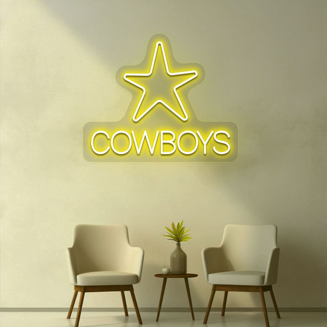 Yellow LED cowboy's neon sign with a star on the room wall. Perfect for rooms, bedroom wall décor, western-themed interiors, and man caves.
