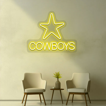 Yellow LED cowboy's neon sign with a star on the room wall. Perfect for rooms, bedroom wall décor, western-themed interiors, and man caves.