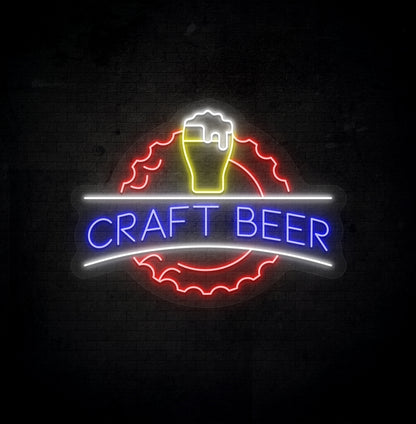 Image of a craft beer LED neon sign with beer design mounted on bar wall in blue color.