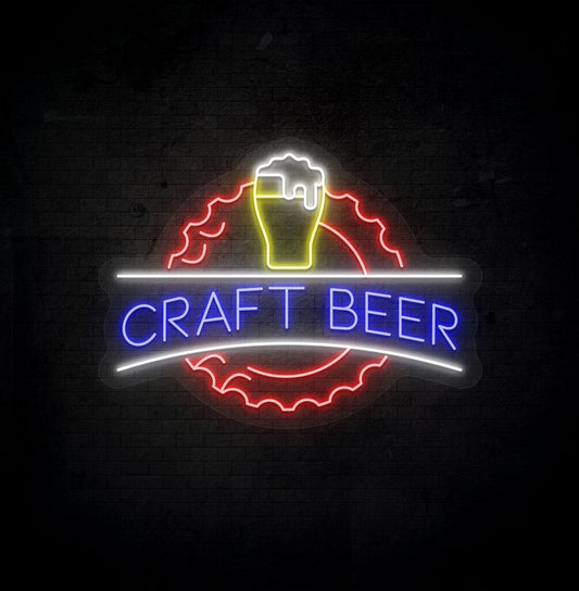 Image of a craft beer LED neon sign with beer design mounted on bar wall in blue color.