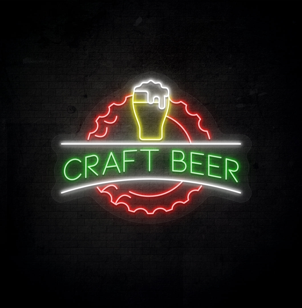 Stylish green LED craft beer neon sign with beer design glowing on wall.