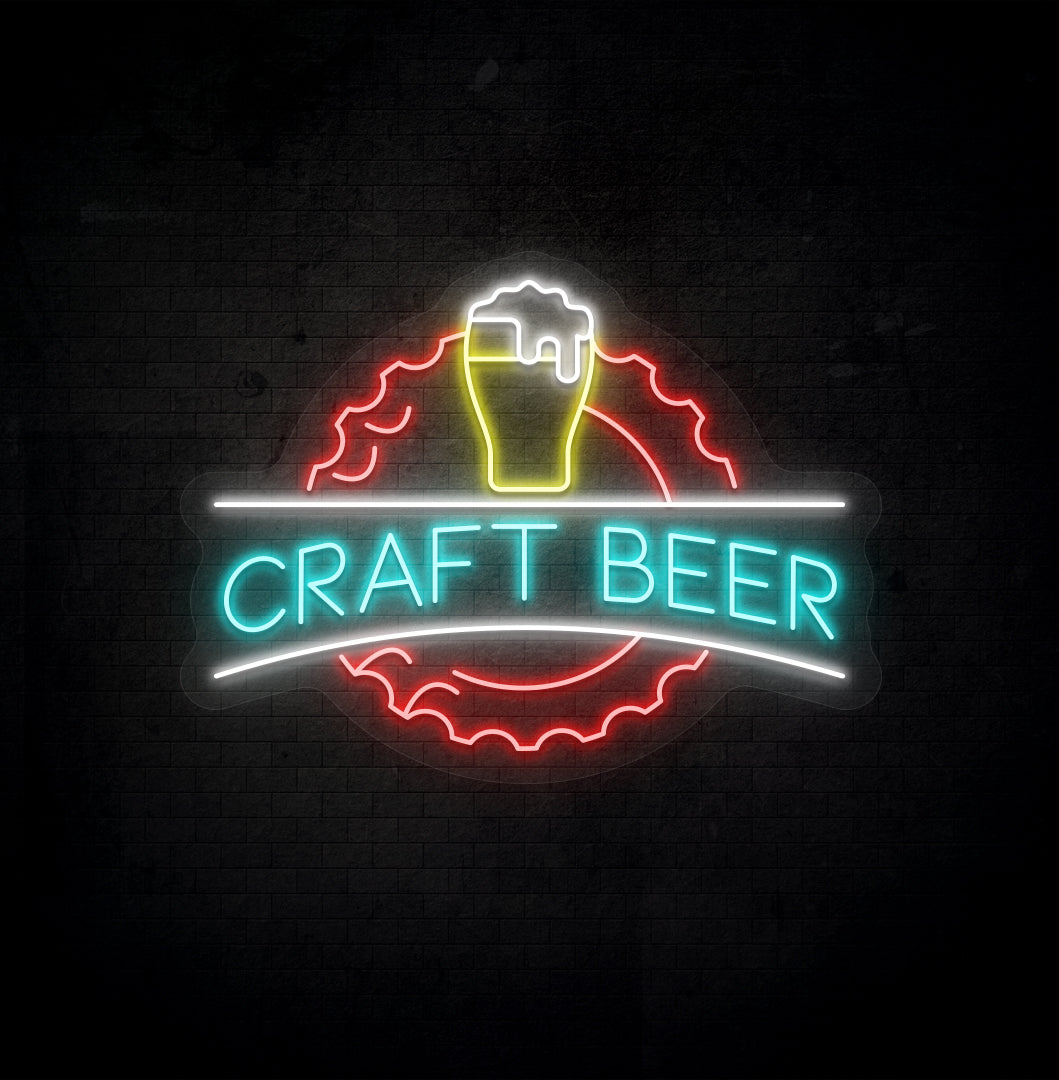 Image of a craft beer LED neon sign with beer design mounted on bar wall in ice blue color.