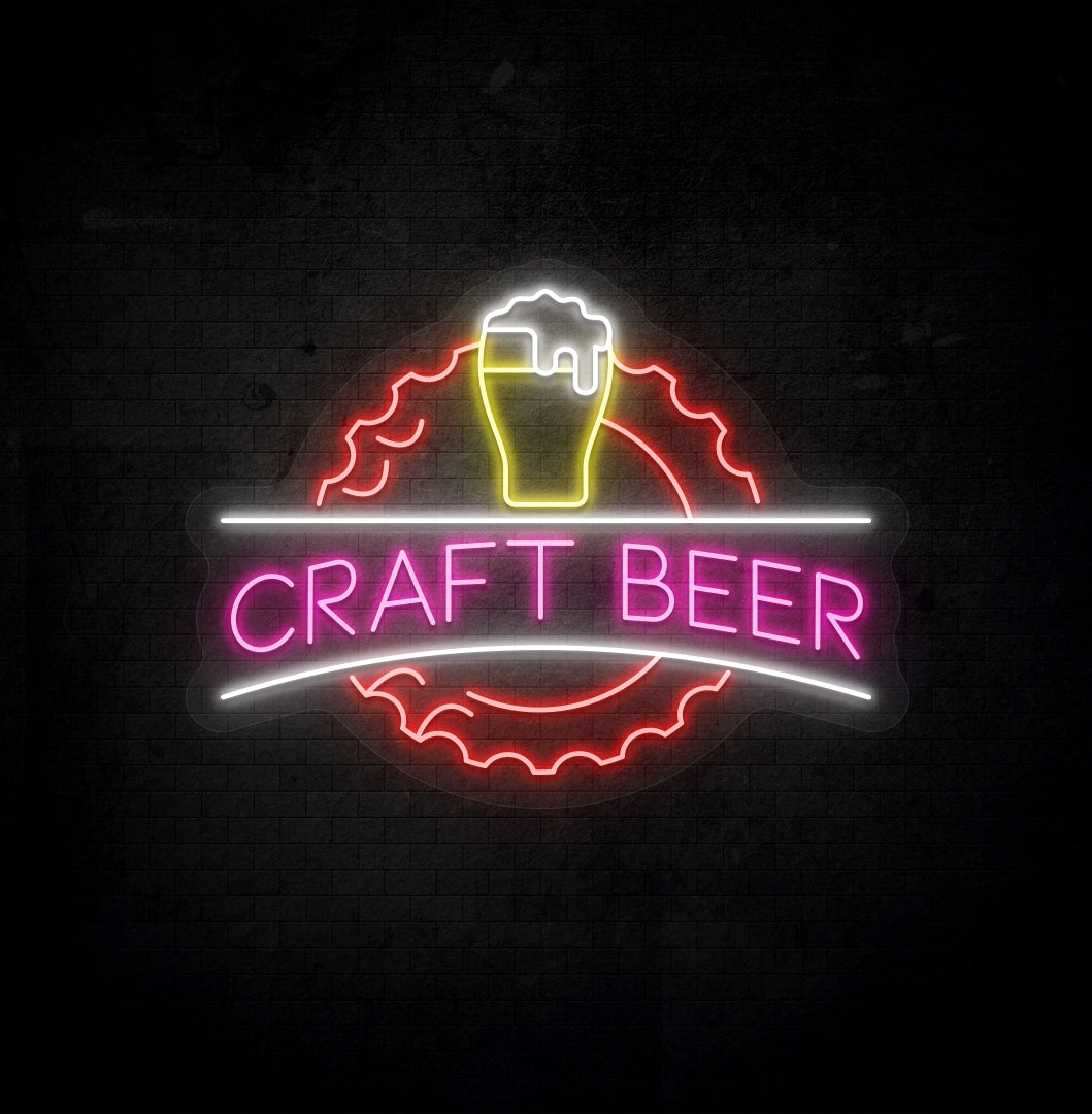 Image of a craft beer LED neon sign with beer design mounted on bar wall in multicolor.