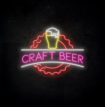 Image of a craft beer LED neon sign with beer design mounted on bar wall in multicolor.