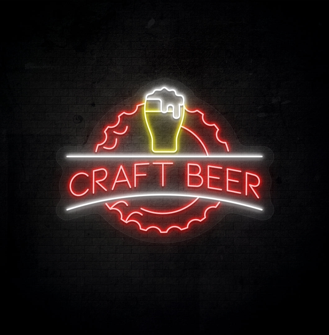 Image of a craft beer LED neon sign with beer design mounted on bar wall in red color.