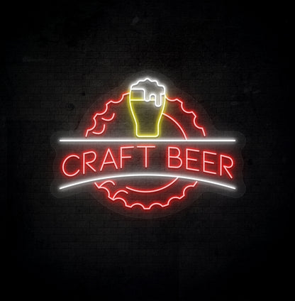 Image of a craft beer LED neon sign with beer design mounted on bar wall in red color.