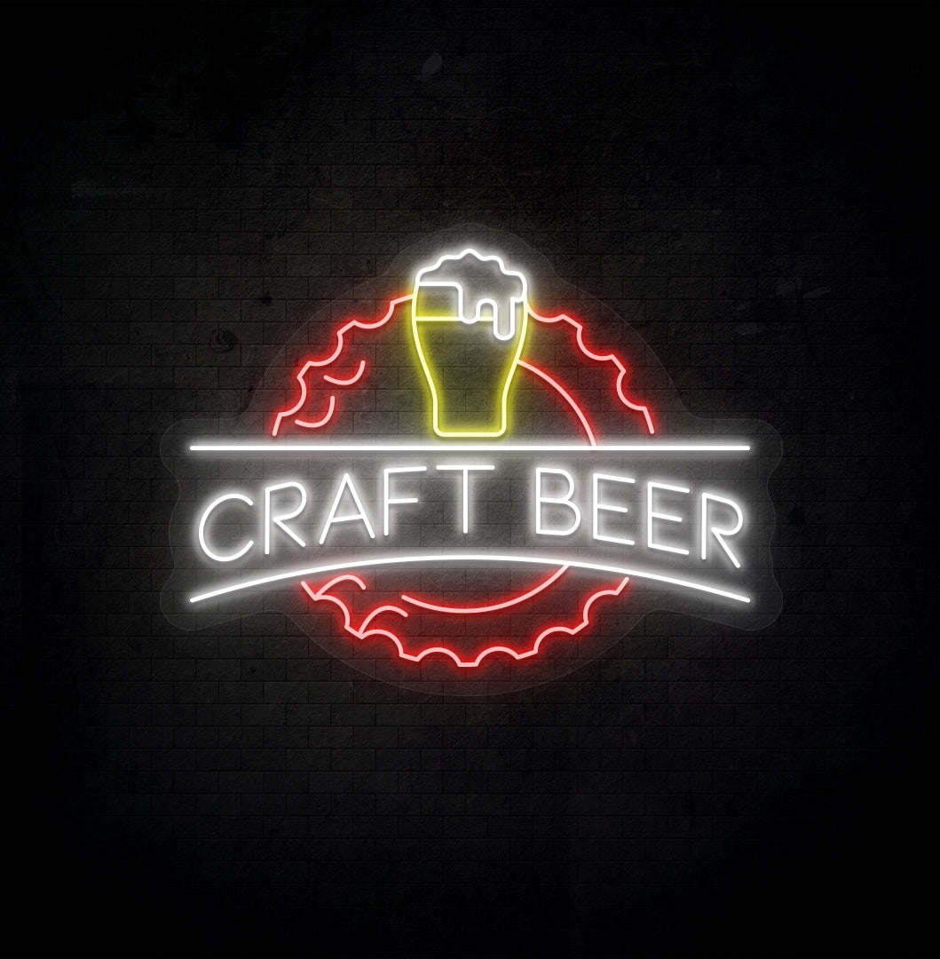 Image of a craft beer LED neon sign with beer design mounted on bar wall in multicolor.