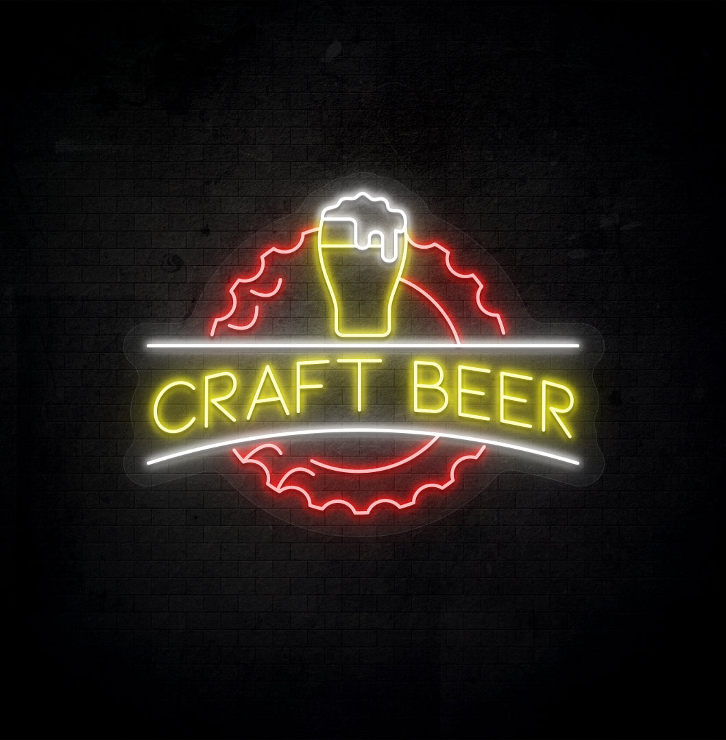 Stylish multicolor LED craft beer neon sign with beer design glowing on wall.