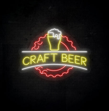 Stylish multicolor LED craft beer neon sign with beer design glowing on wall.