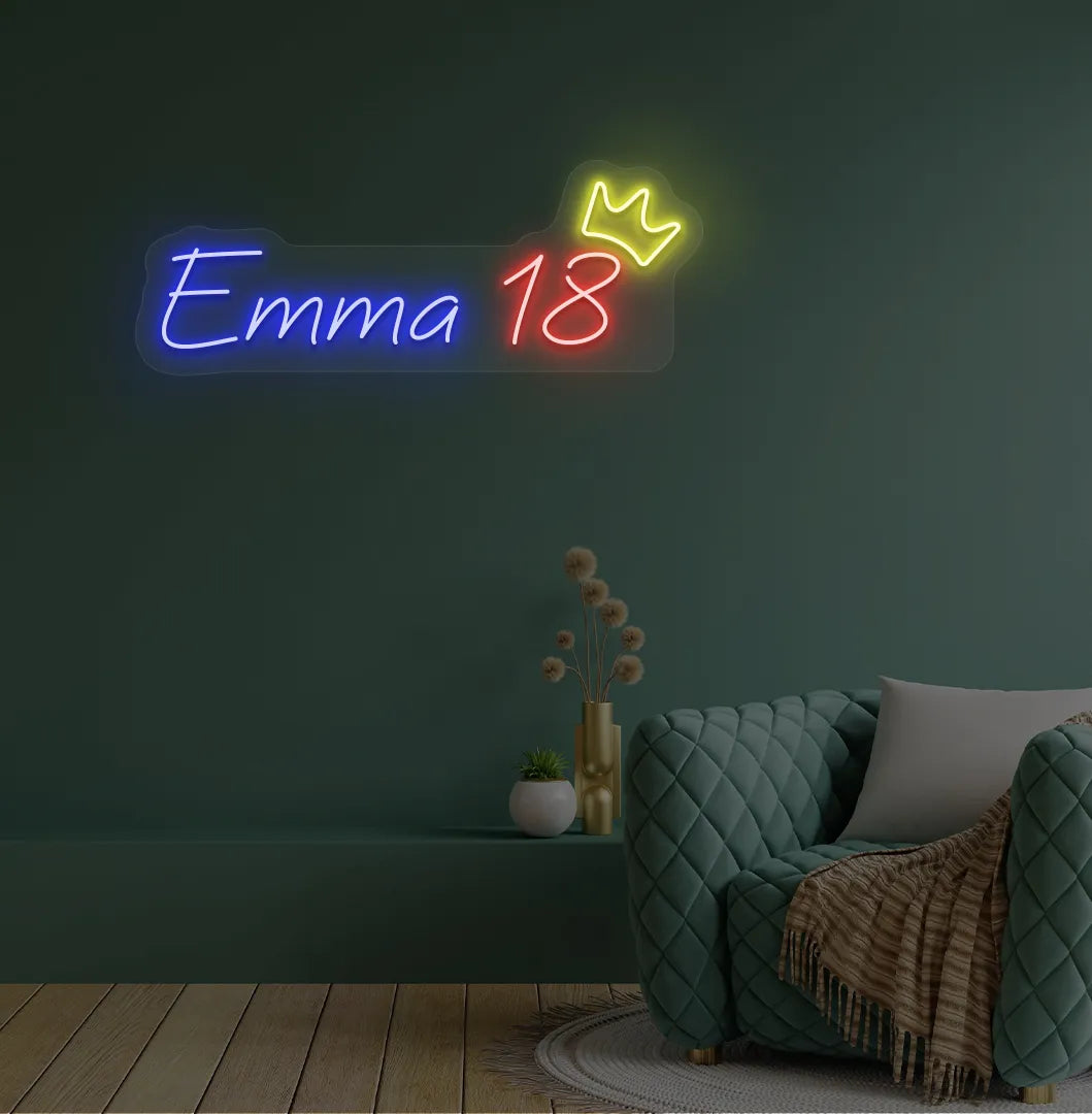 Personalized Birthday Name and Age neon sign in blue color mounted on modern wall decor.