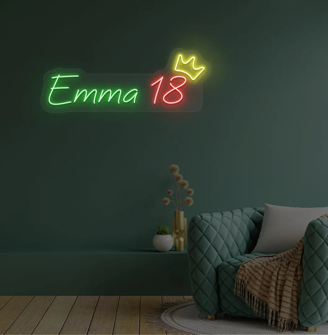 Personalized birthday name and age neon sign mounted on modern party backdrop wall in green color.