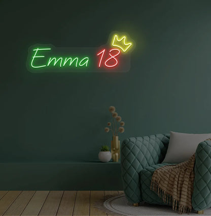 Personalized birthday name and age neon sign mounted on modern party backdrop wall in green color.