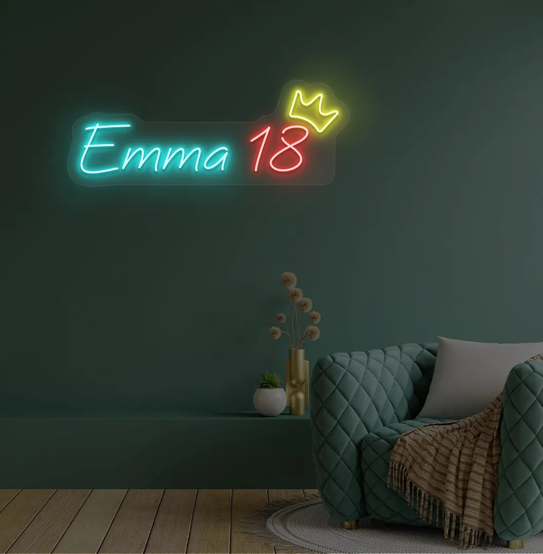 Personalized Birthday Name and Age neon sign in ice blue color mounted on modern wall decor.