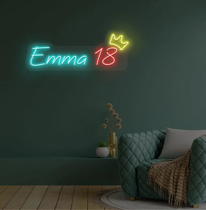Personalized Birthday Name and Age neon sign in ice blue color mounted on modern wall decor.