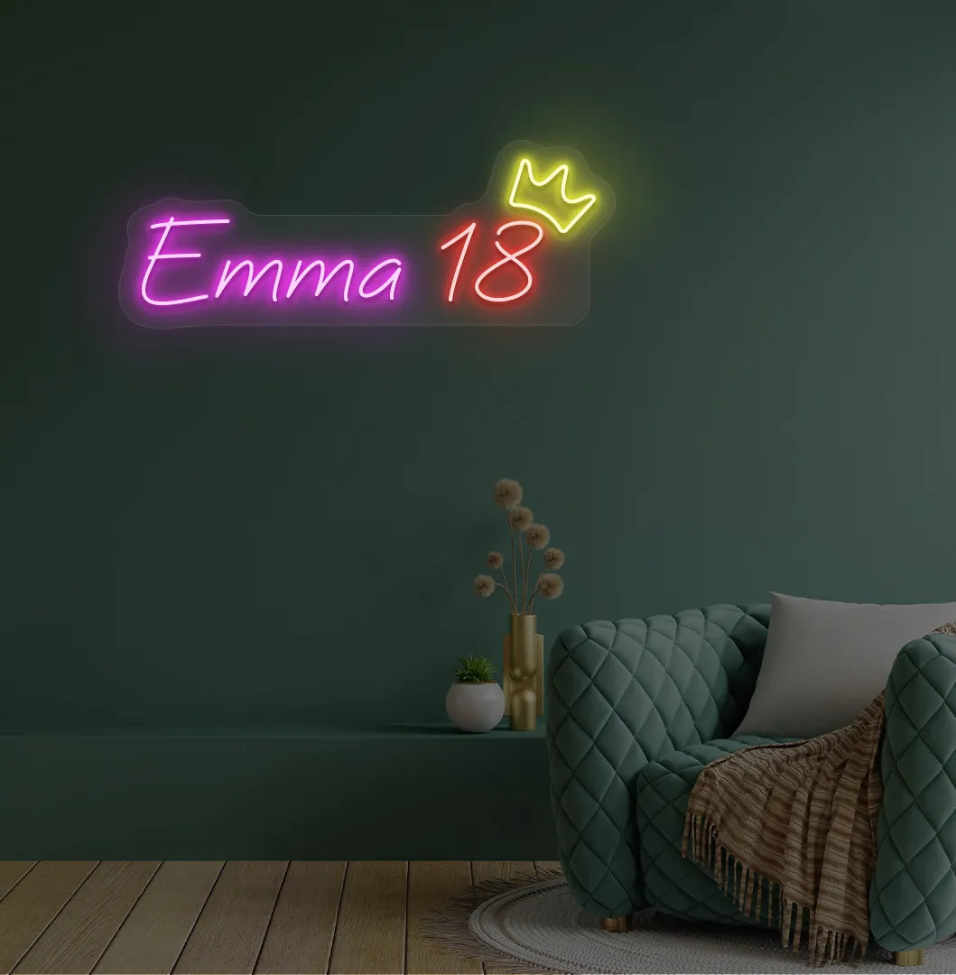 Personalized Birthday Name and Age neon sign in pink color mounted on modern wall decor.