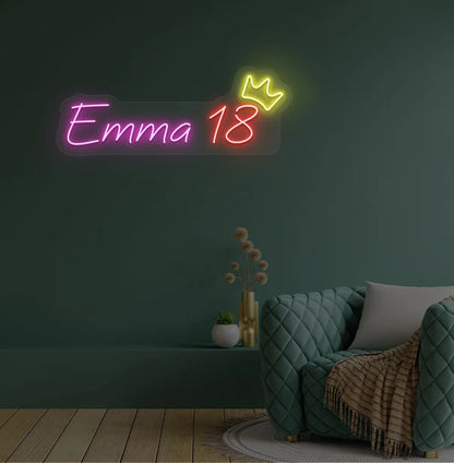 Personalized birthday name and age neon sign mounted on modern party backdrop wall in purple color.