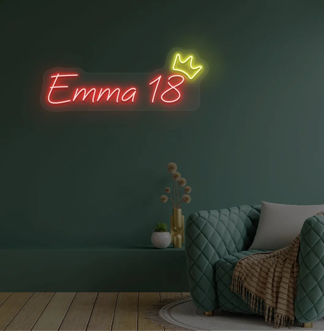 Personalized Birthday Name and Age neon sign in red color mounted on modern wall decor.