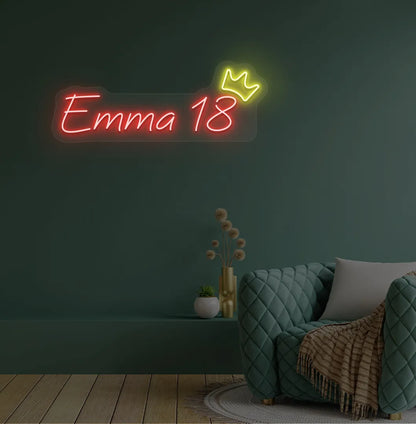 Personalized Birthday Name and Age neon sign in red color mounted on modern wall decor.