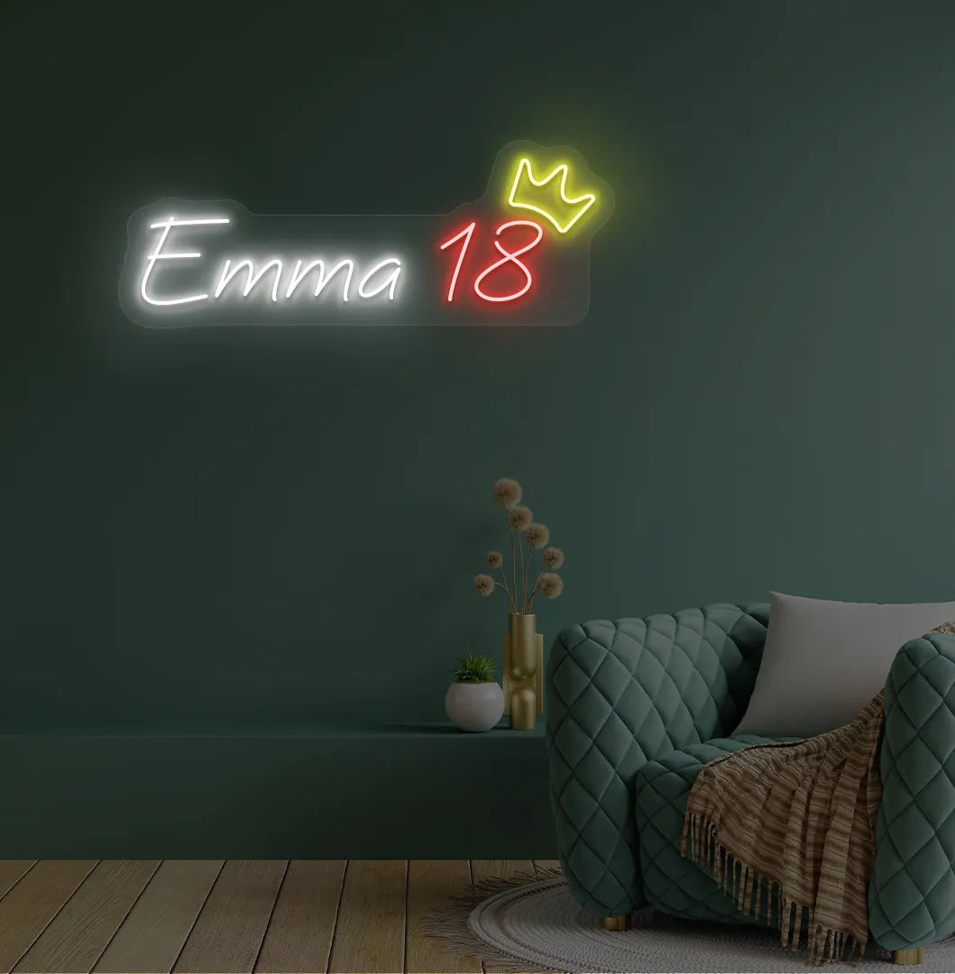 Personalized Birthday Name and Age neon sign in white color mounted on modern wall decor.