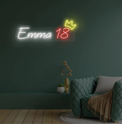 Personalized Birthday Name and Age neon sign in white color mounted on modern wall decor.