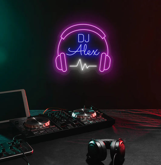 Personalized DJ Name neon sign in blue color mounted on aesthetic wall.