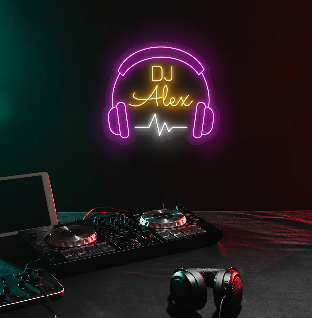 Stylish personalized DJ Name neon sign mounted on aesthetic wall in orange color.